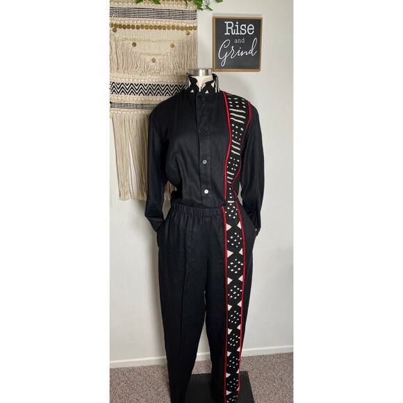 Unisex Vintage Linen Cotton Black & Red Tribal Ethnic Shirt & Pant Set Suit M - Picture 2 of 16